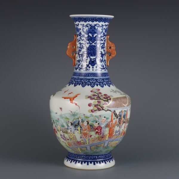 Qing Dynasty Qianlong period blue and white with pink enamel baby playing in lotus pond double-eared