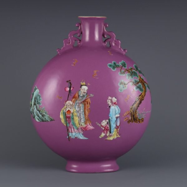 Qing Dynasty Qianlong period rouge purple ground powder enamel three stars high flat bottle