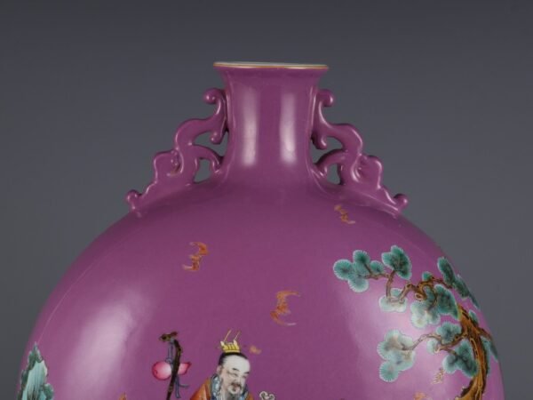 Qing Dynasty Qianlong period rouge purple ground powder enamel three stars high flat bottle - Image 6