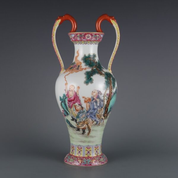 Qing Dynasty Qianlong Period Famille Rose Arhat Pattern Dragon Ear Appreciation Vase - Image 2