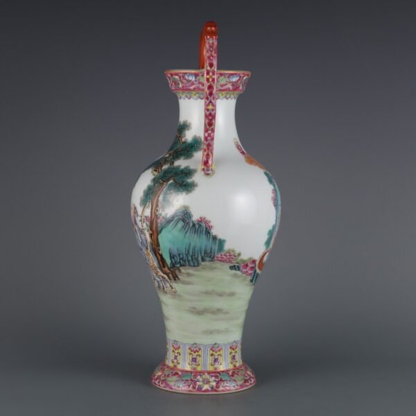 Qing Dynasty Qianlong Period Famille Rose Arhat Pattern Dragon Ear Appreciation Vase - Image 3