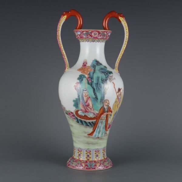 Qing Dynasty Qianlong Period Famille Rose Arhat Pattern Dragon Ear Appreciation Vase